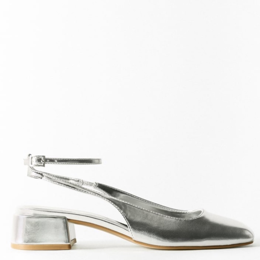 ZARA Block Heel Ankle Strap Metallic Shoes